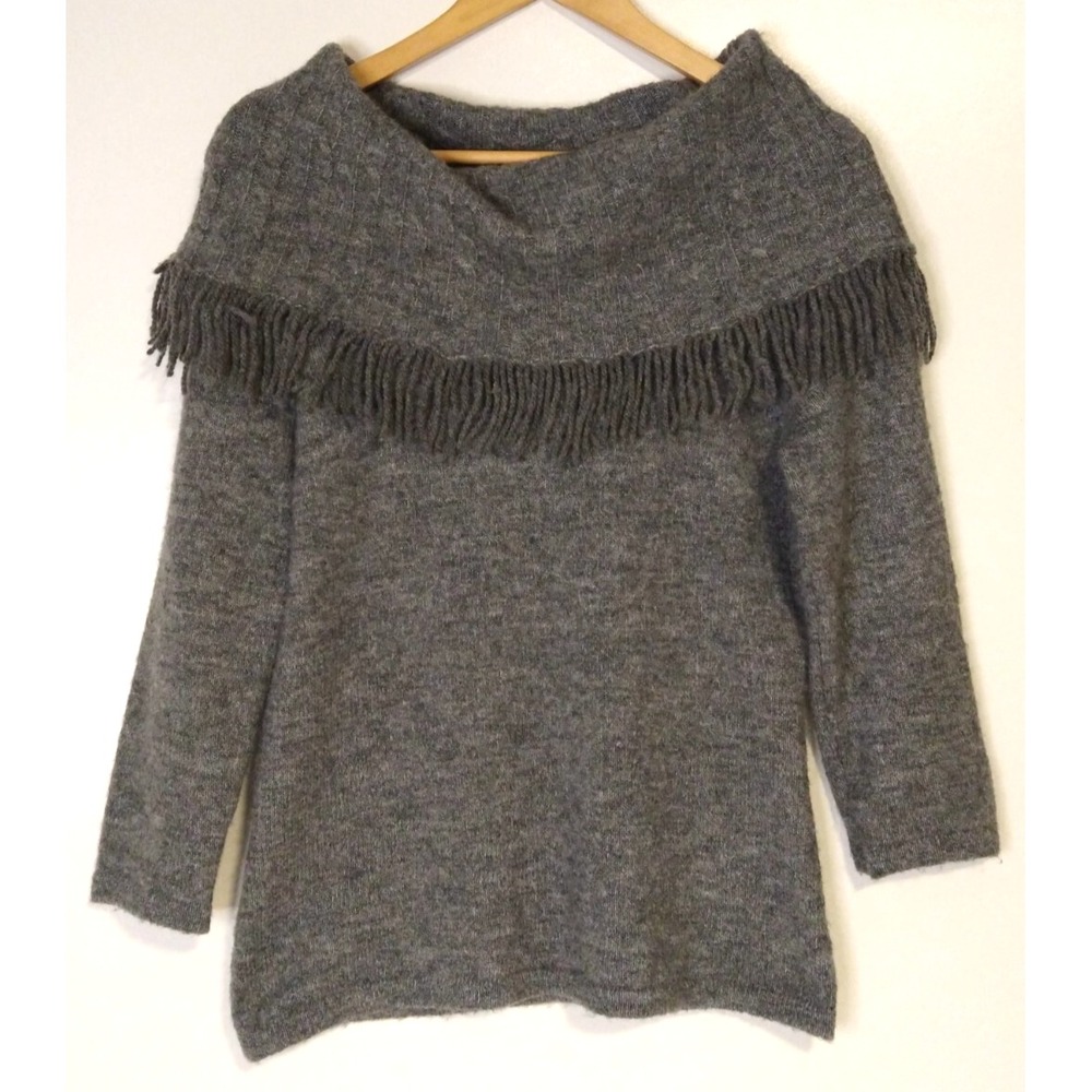 Marisa Christina Sweater Women's Medium Wool Blend Off Shoulder Fringe Gray